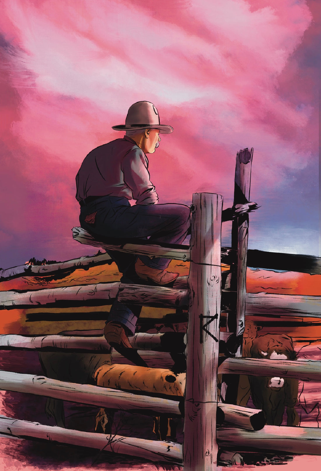 An old cowboy sitting on a post in a cattle corral with the evenign sky behing him. The sky is very pink and the old man looks tired and satisfied at a job well done for the day.