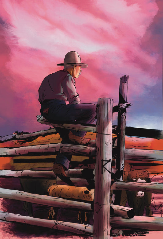 An old cowboy sitting on a post in a cattle corral with the evenign sky behing him. The sky is very pink and the old man looks tired and satisfied at a job well done for the day.