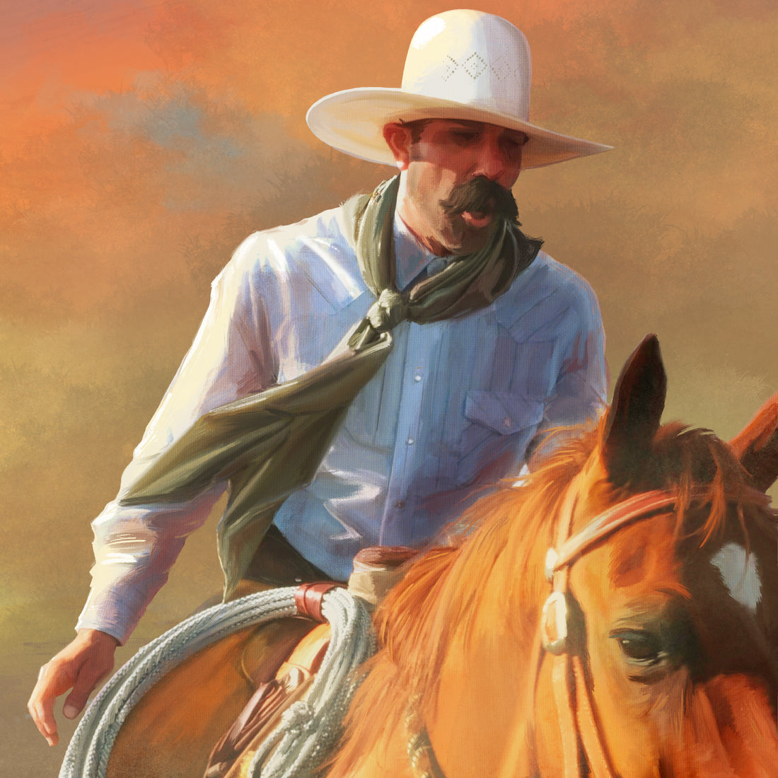 painting of a cowboy with a mustache on horseback. Code of the West. Cowboy Coffee.