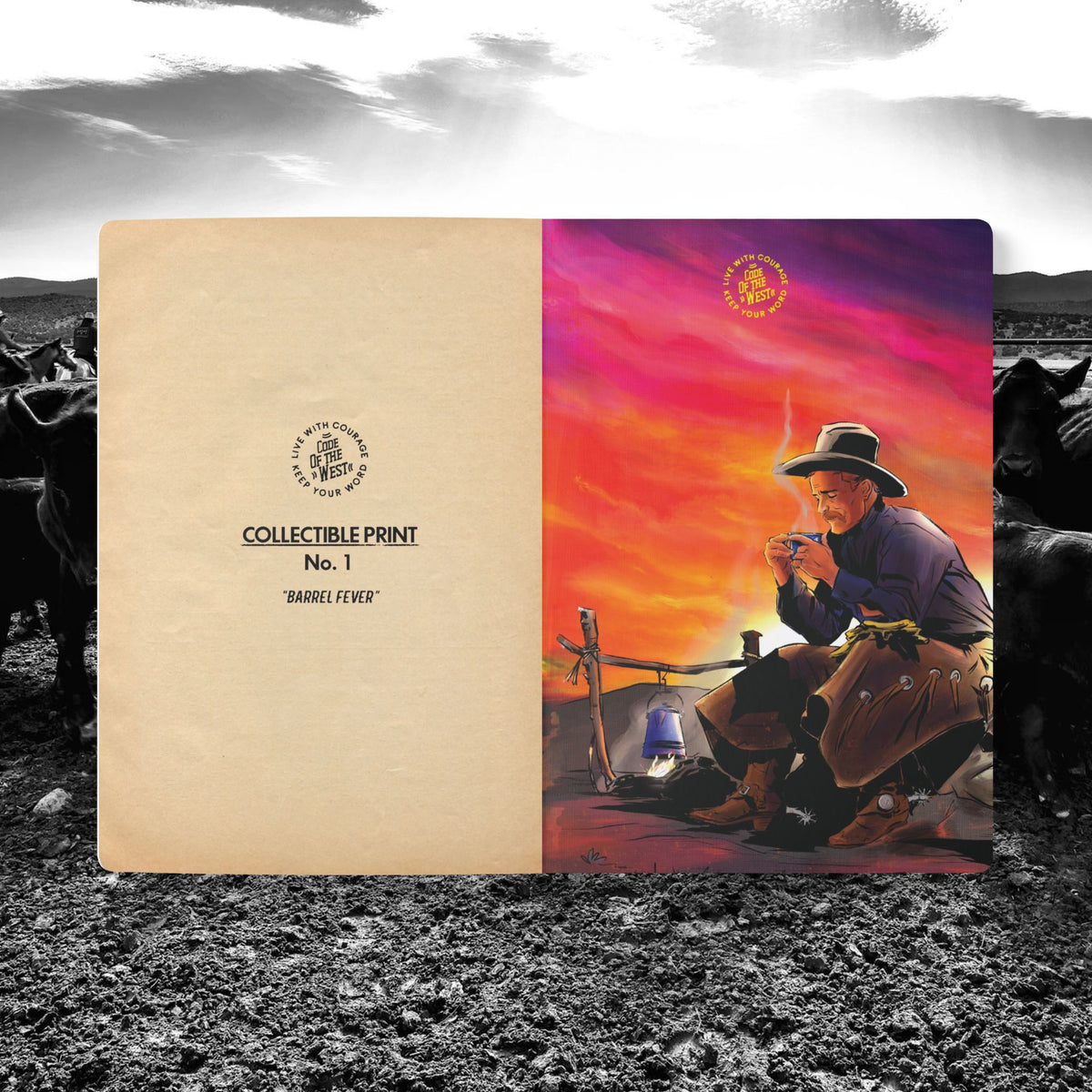 Open Daily Record Journal showing a collectible print of a cowboy beside a campfire