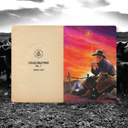 Open Daily Record Journal showing a collectible print of a cowboy beside a campfire