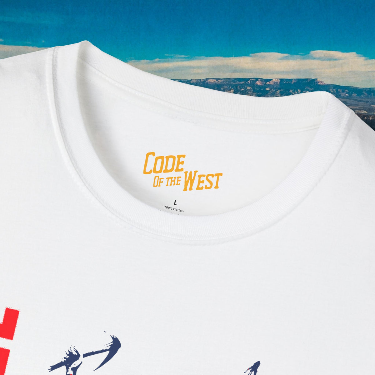 Close-up of the gold COTW neck print on a white Spirit of ’76 T-shirt