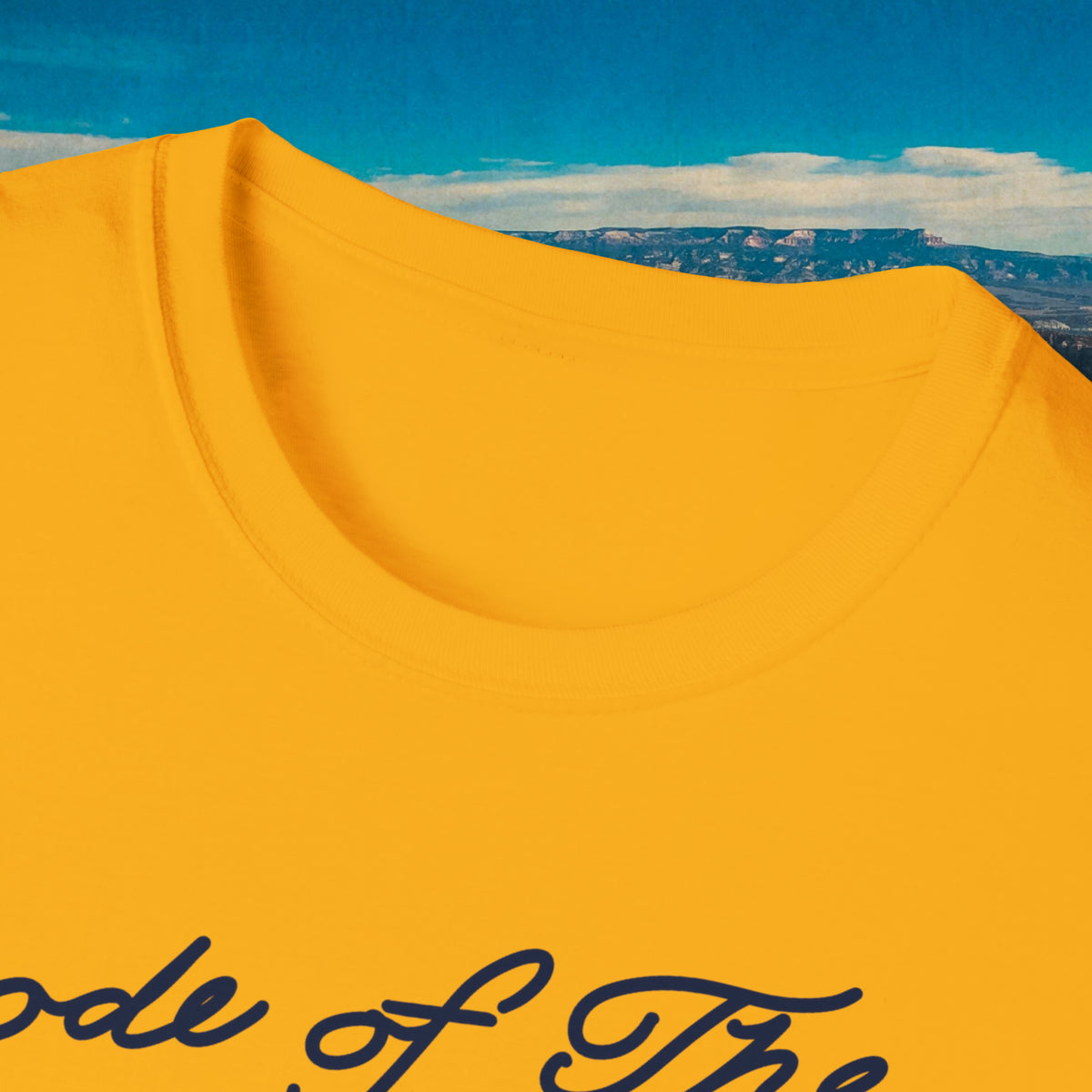 Close-up of the gold Buckout T-shirt neckline and printed lettering