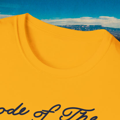 Close-up of the gold Buckout T-shirt neckline and printed lettering
