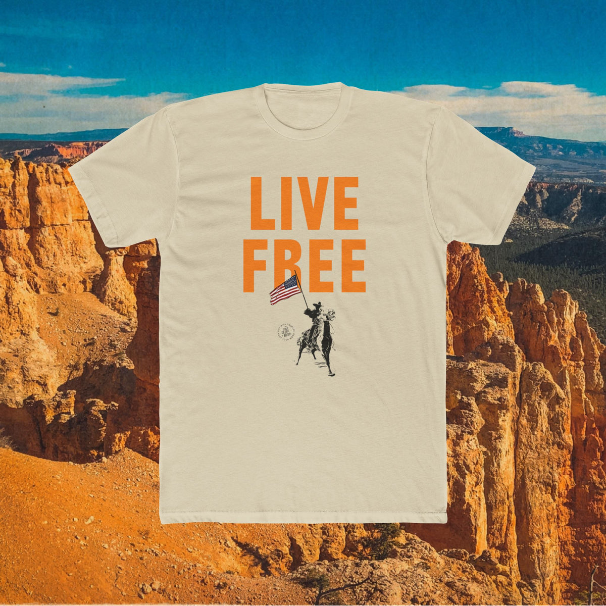 Natural Live Free Cowboy T-shirt with orange lettering and a mounted cowboy carrying a flag