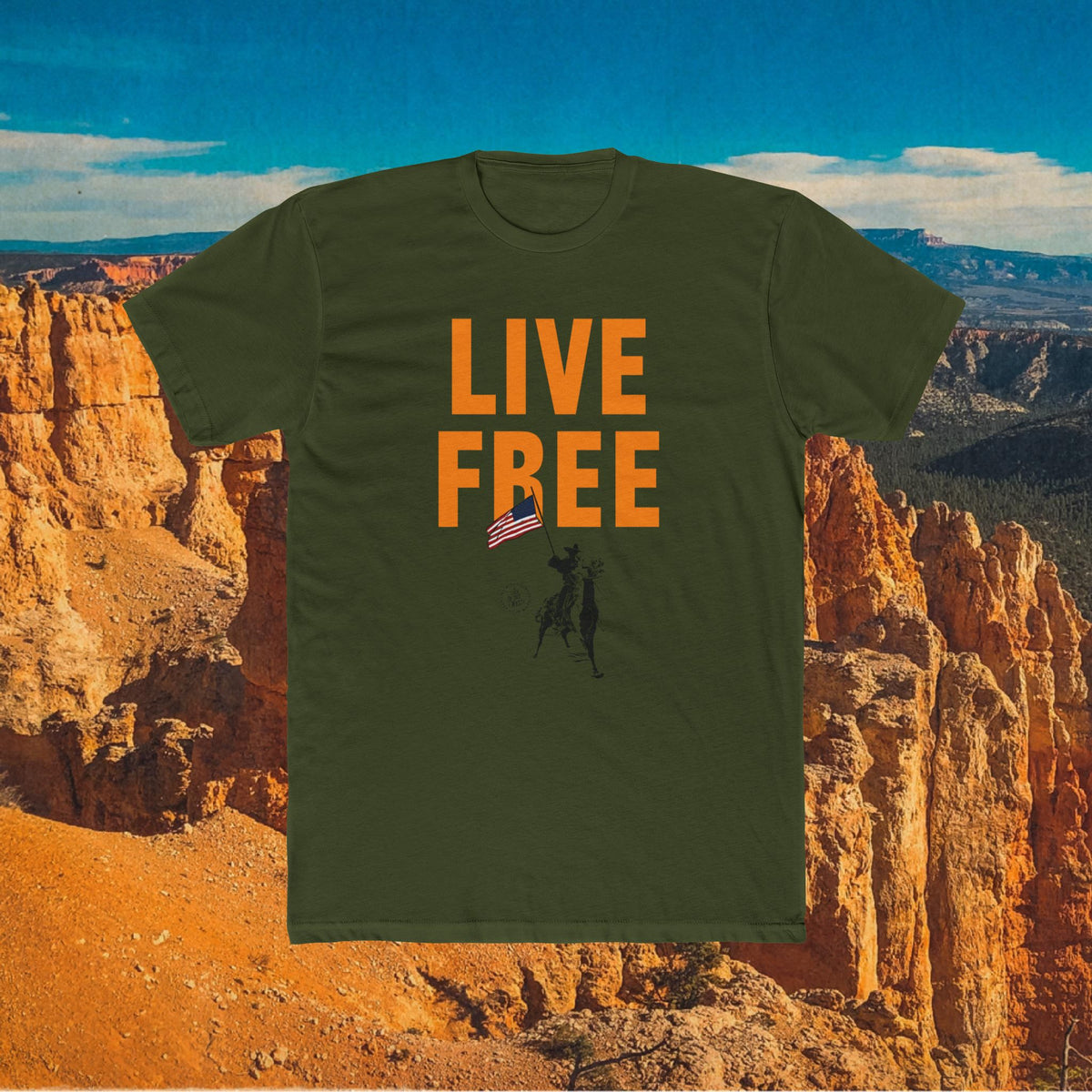 Green Live Free Cowboy T-shirt with orange lettering and a mounted cowboy carrying a flag