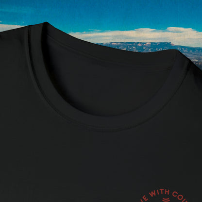Close-up of the black Let Him Buck shirt neckline