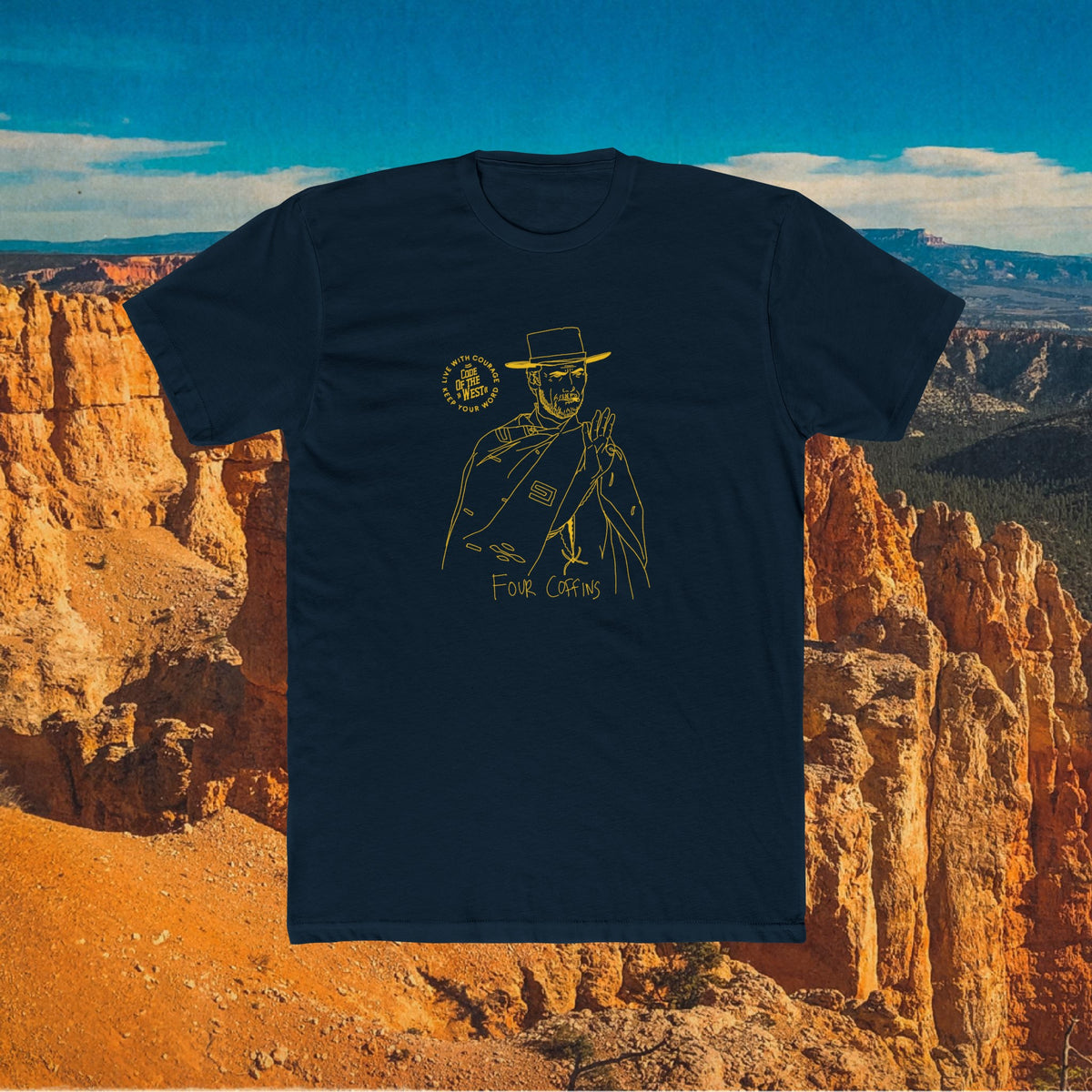 Navy The Man with No Name T-shirt with gold Western character artwork
