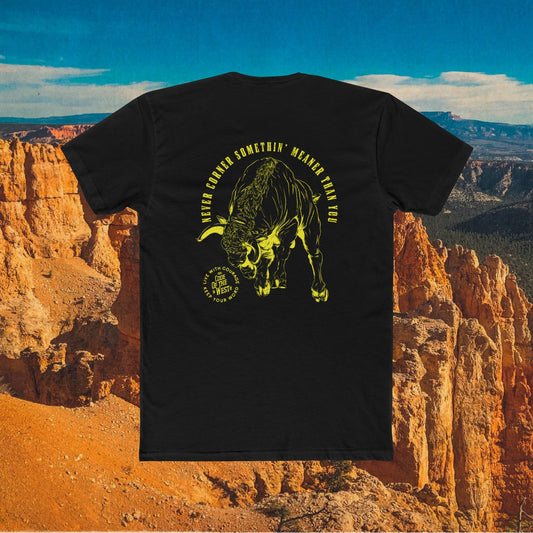 Black Never Corner Something Meaner Than You T-shirt with a yellow charging bull drawing