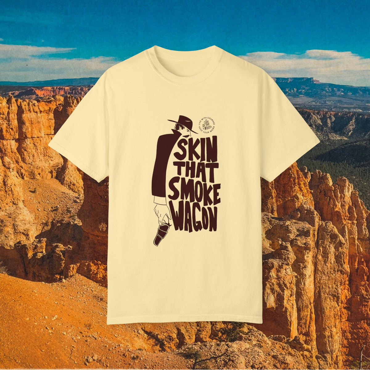Natural Smokewagon V2 T-shirt with a dark cowboy graphic and Skin That Smoke Wagon lettering