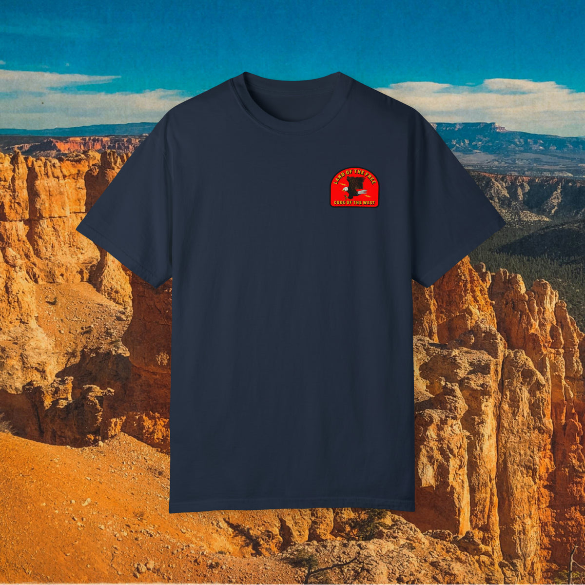 Navy Live Free Badge T-shirt with a small red chest badge