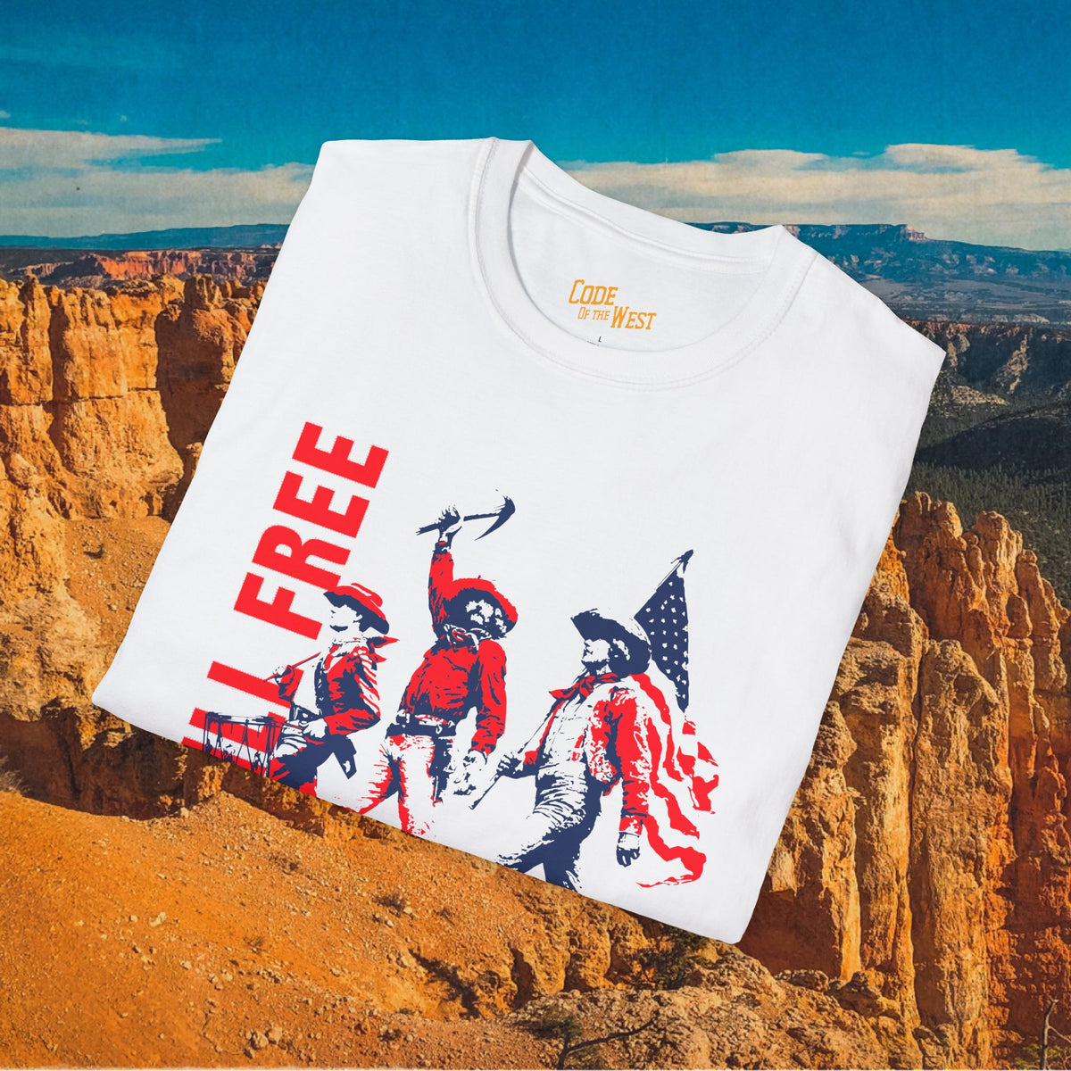 Folded white Spirit of ’76 shirt showing the cowboy artwork