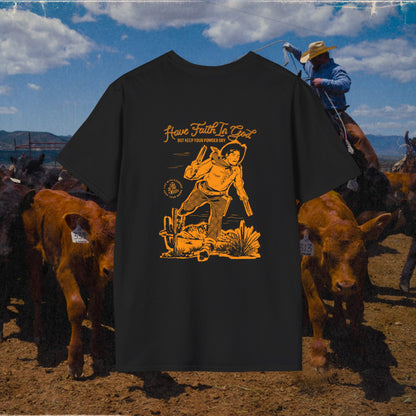 Black Keep Your Powder Dry T-shirt with cowboy drawing and gold lettering