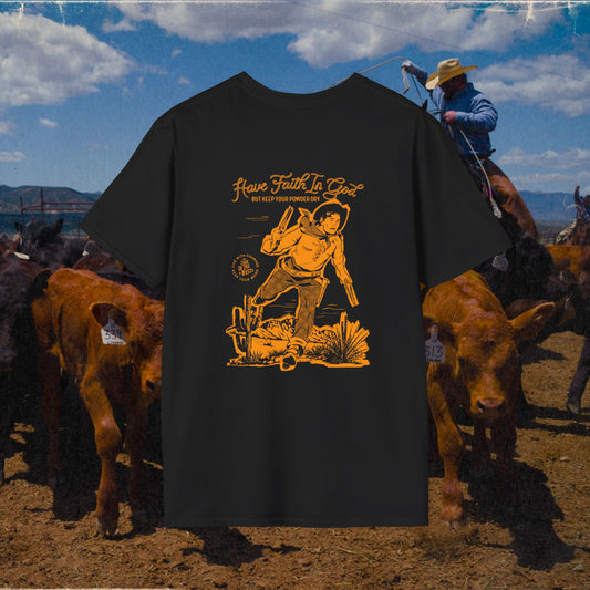 Black Keep Your Powder Dry T-shirt with cowboy drawing and gold lettering