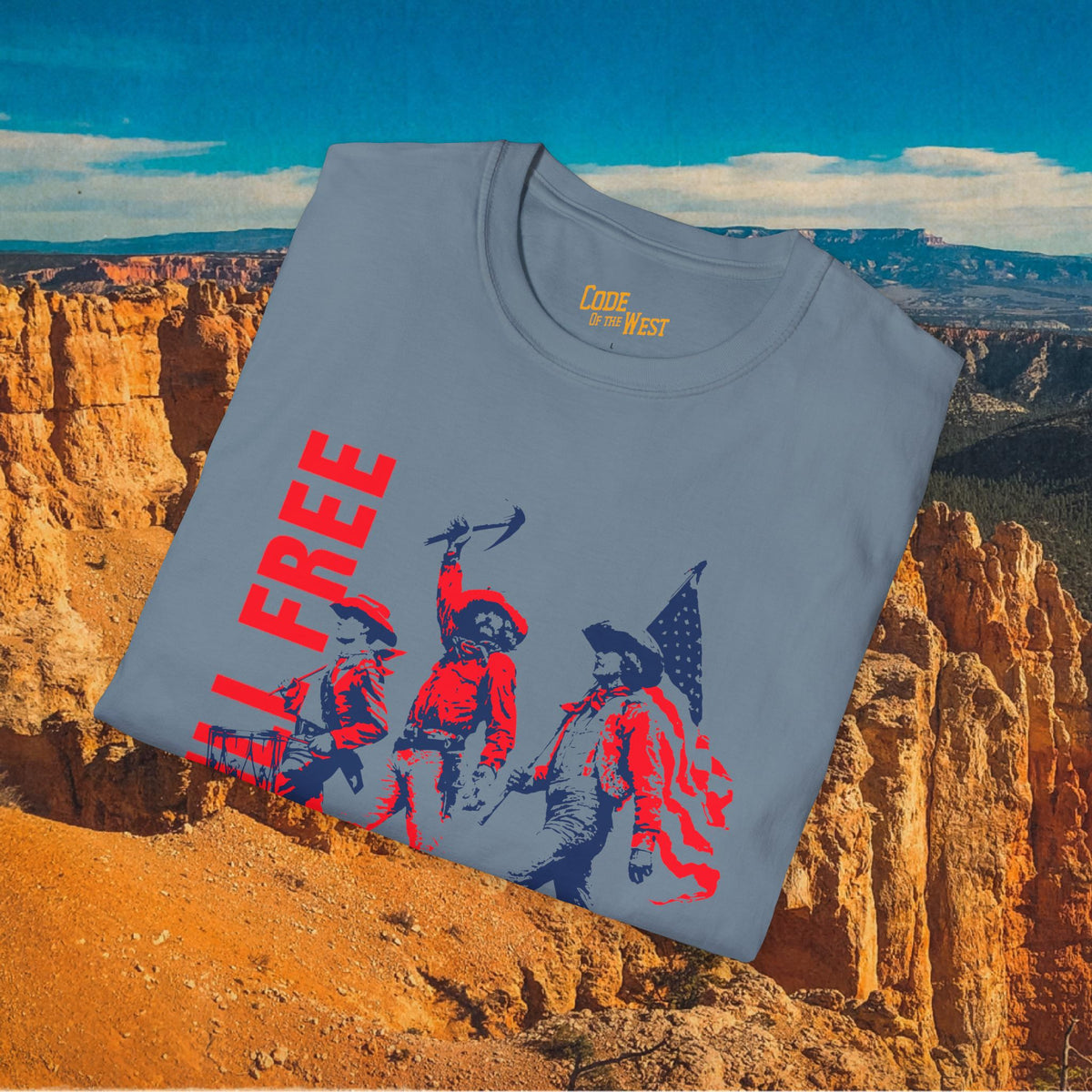 Folded stone blue Spirit of ’76 shirt showing the cowboy artwork