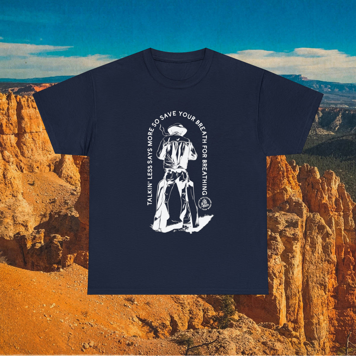 Navy Save Your Breath T-shirt with white cowboy artwork and curved lettering