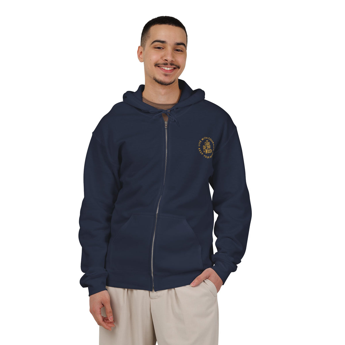 Model wearing the navy Code of the West full-zip hoodie, shown from the front