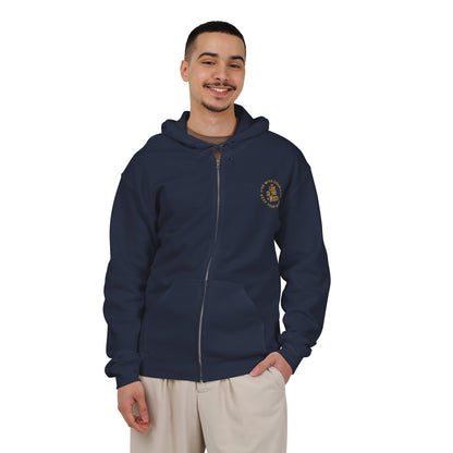 Model wearing the navy Code of the West full-zip hoodie, shown from the front