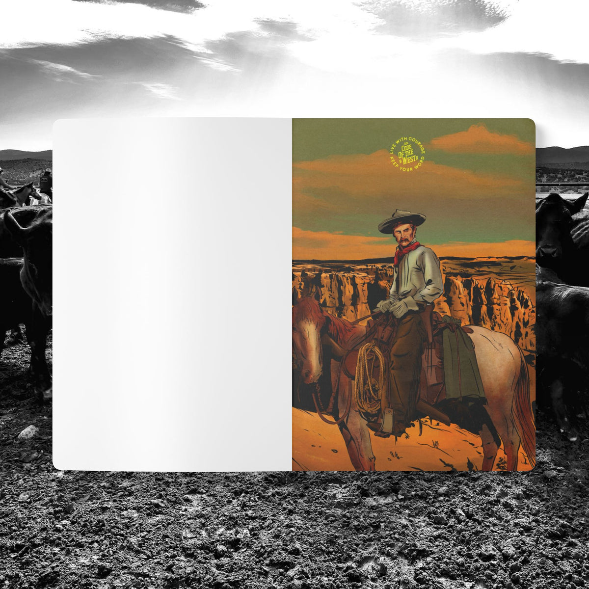 Open Daily Record Journal showing an interior cowboy art print