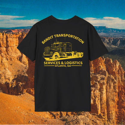 Black Bandit Transportation T-shirt with a yellow truck graphic and transportation lettering