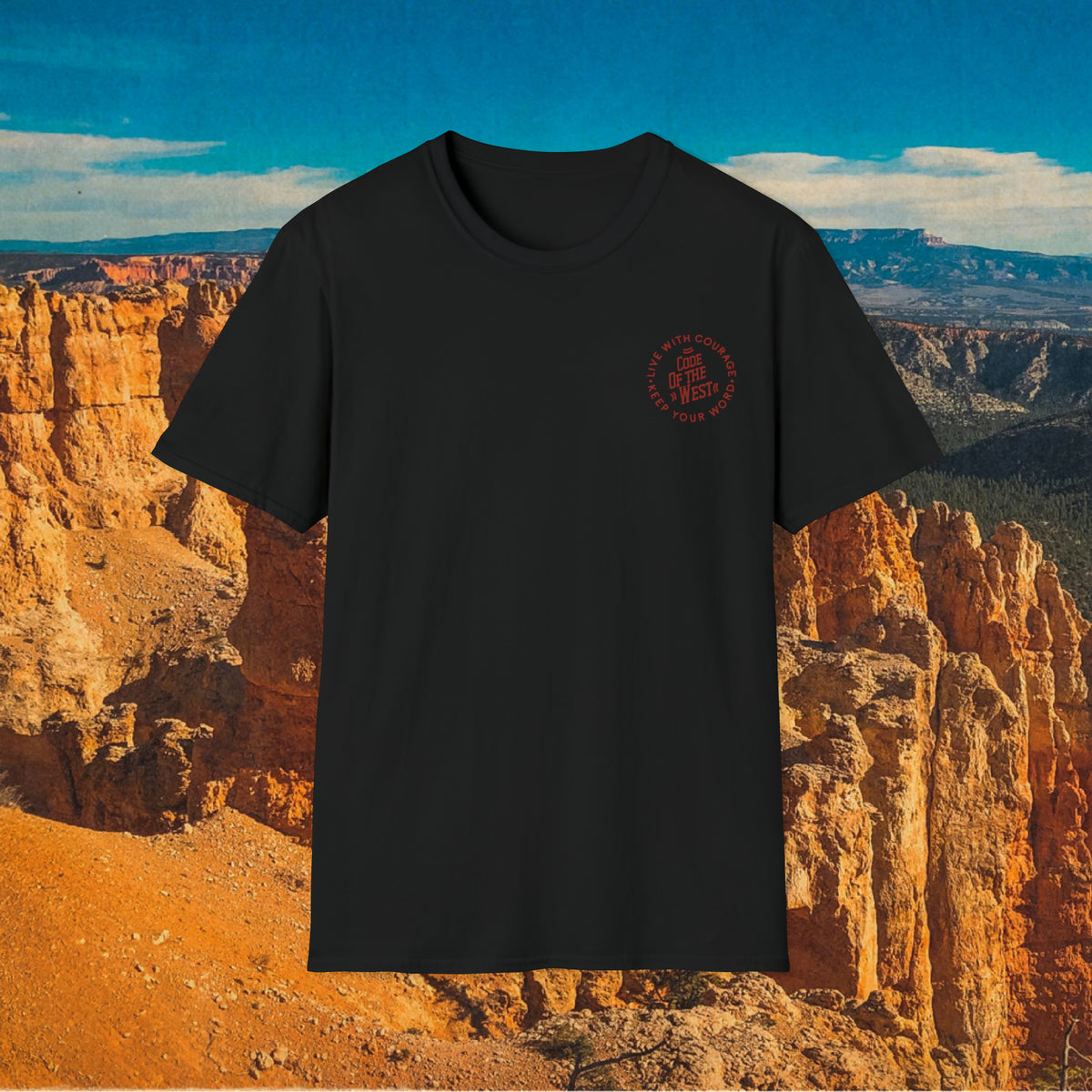 Black Let Him Buck shirt showing its small circular chest mark