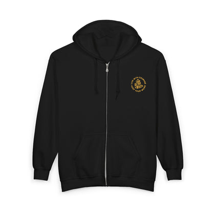Front view of the black Code of the West full-zip hoodie with chest logo and pockets