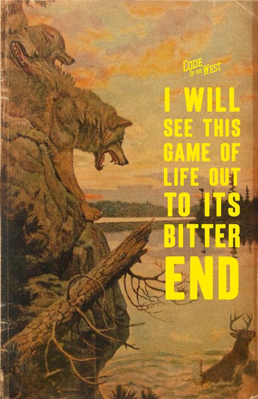 The Bitter End 11 by 17 inch poster artwork, with yellow lettering over a vintage wildlife scene