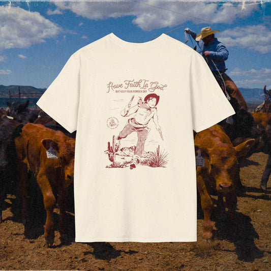 Natural Keep Your Powder Dry T-shirt with cowboy drawing and red lettering