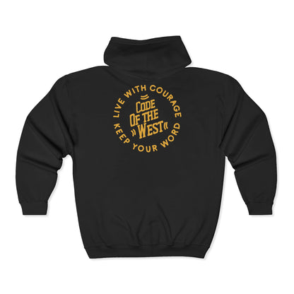 Back of the black Code of the West full-zip hoodie with the hood raised and a large circular logo