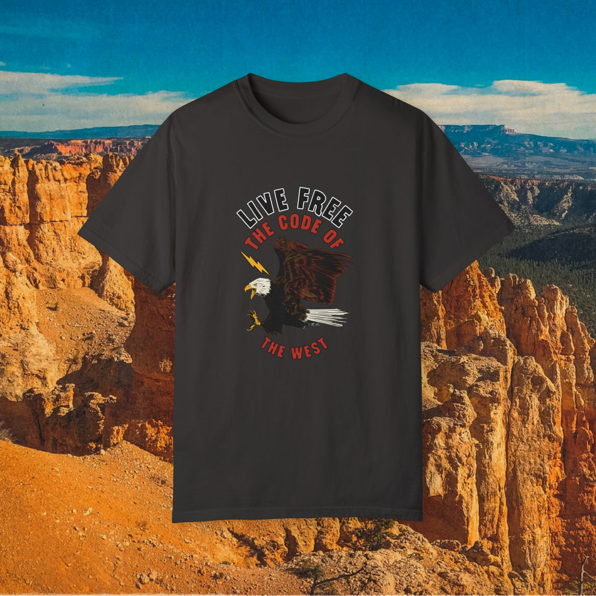 Dark Live Free Eagle T-shirt with a colorful eagle graphic and curved Live Free lettering