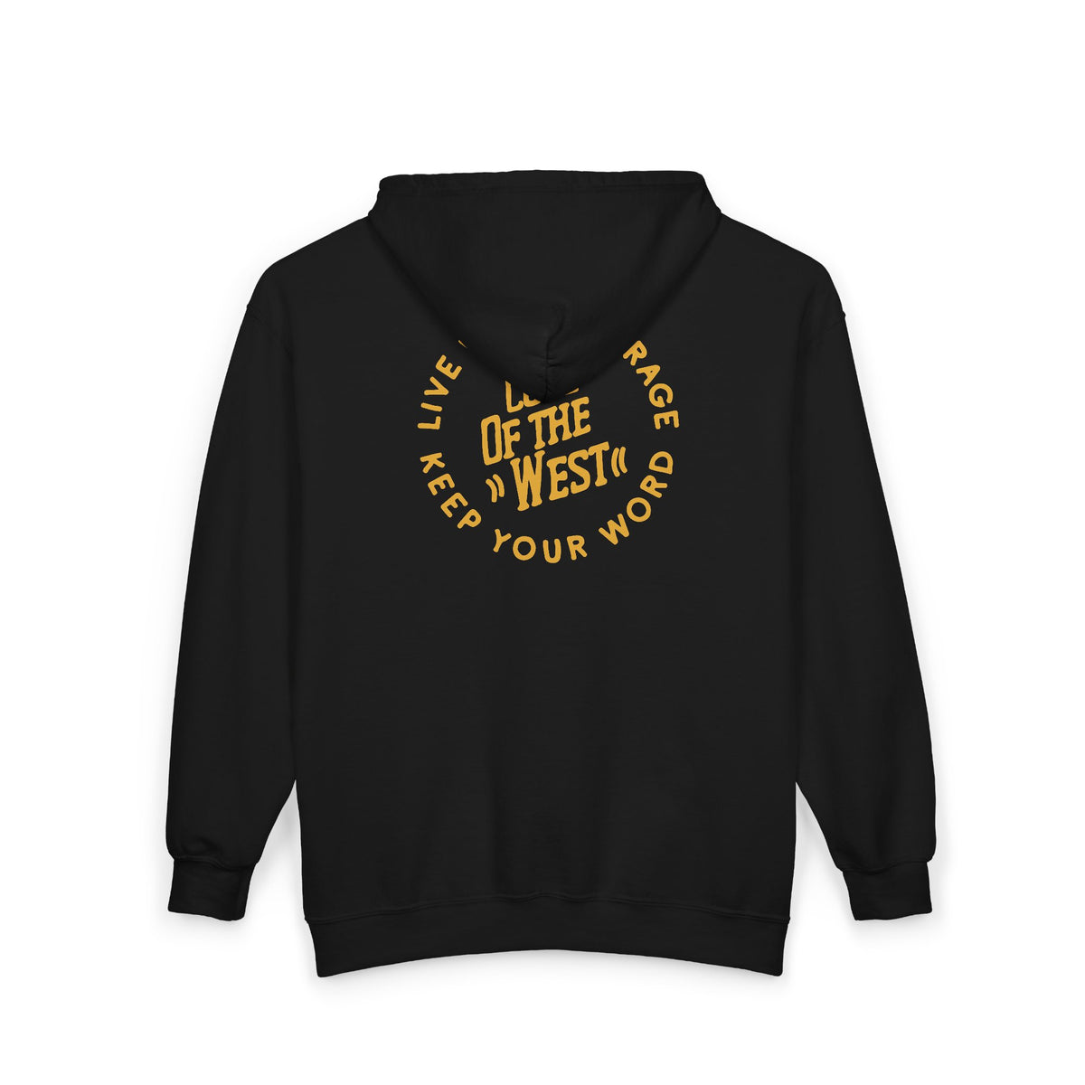Back of the black Code of the West full-zip hoodie with the hood resting over the circular logo