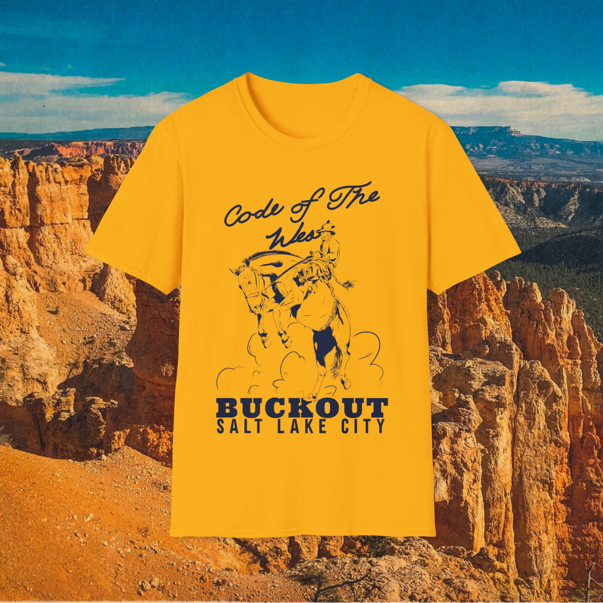 Gold Buckout T-shirt with a bucking rider drawing and For the Love of It lettering