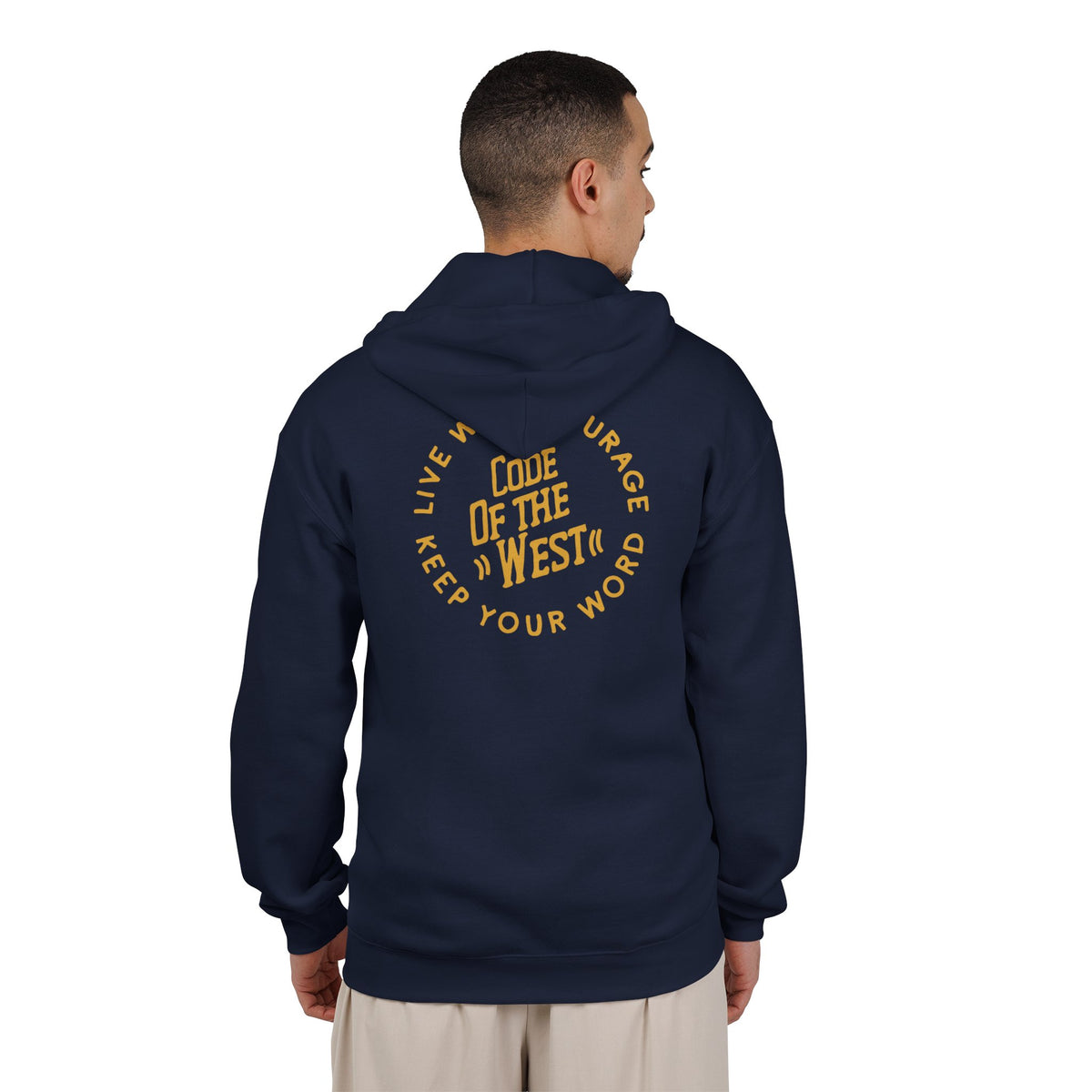Model wearing the navy Code of the West full-zip hoodie, shown from the back