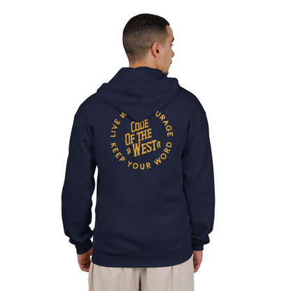 Model wearing the navy Code of the West full-zip hoodie, shown from the back