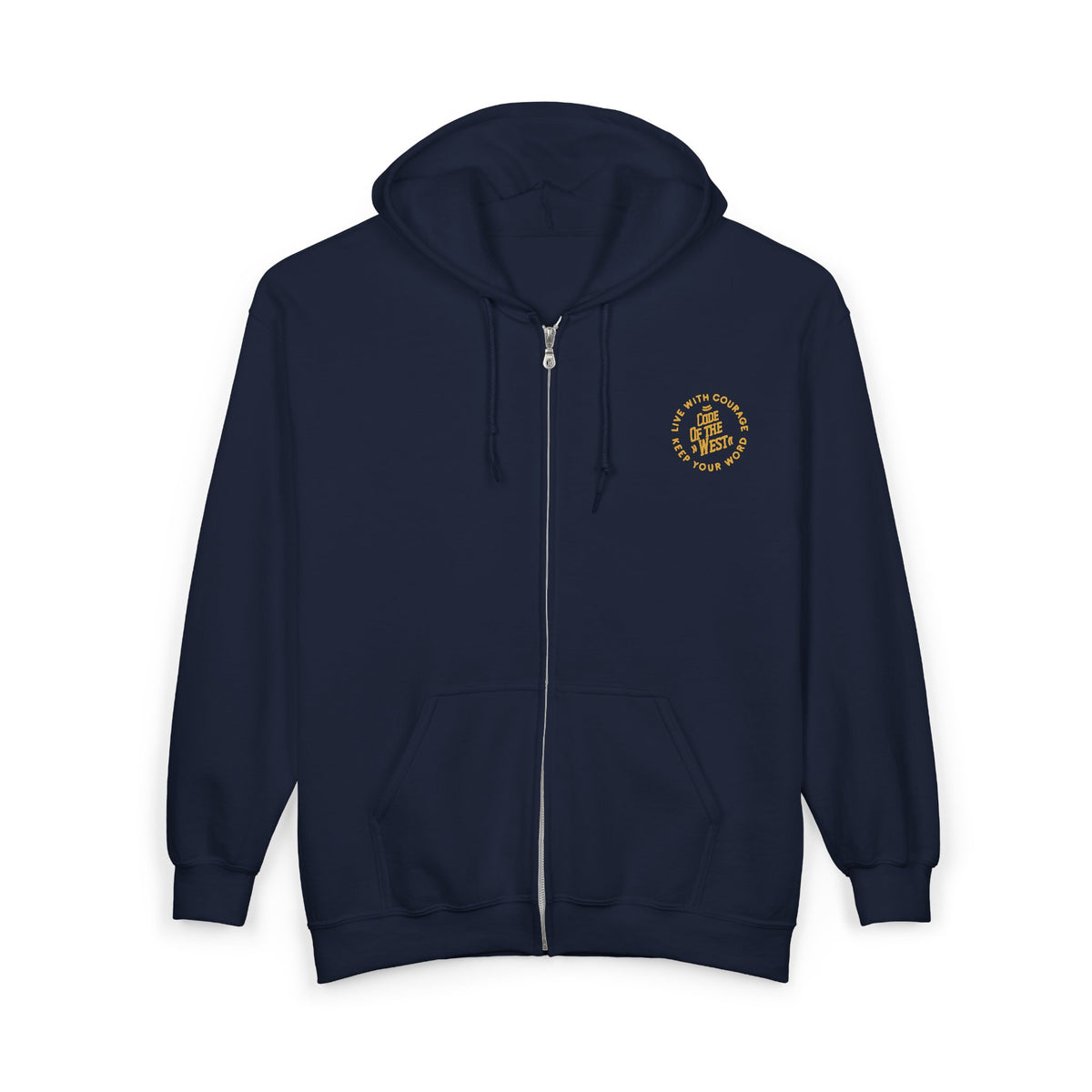 Front of the navy Code of the West full-zip hoodie with a small circular chest logo