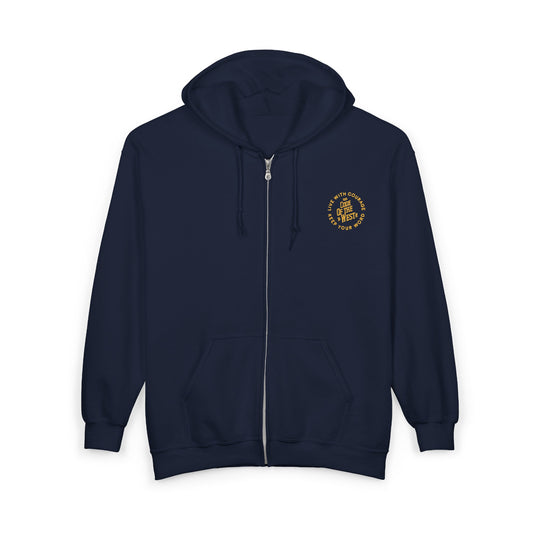 Front of the navy Code of the West full-zip hoodie with a small circular chest logo