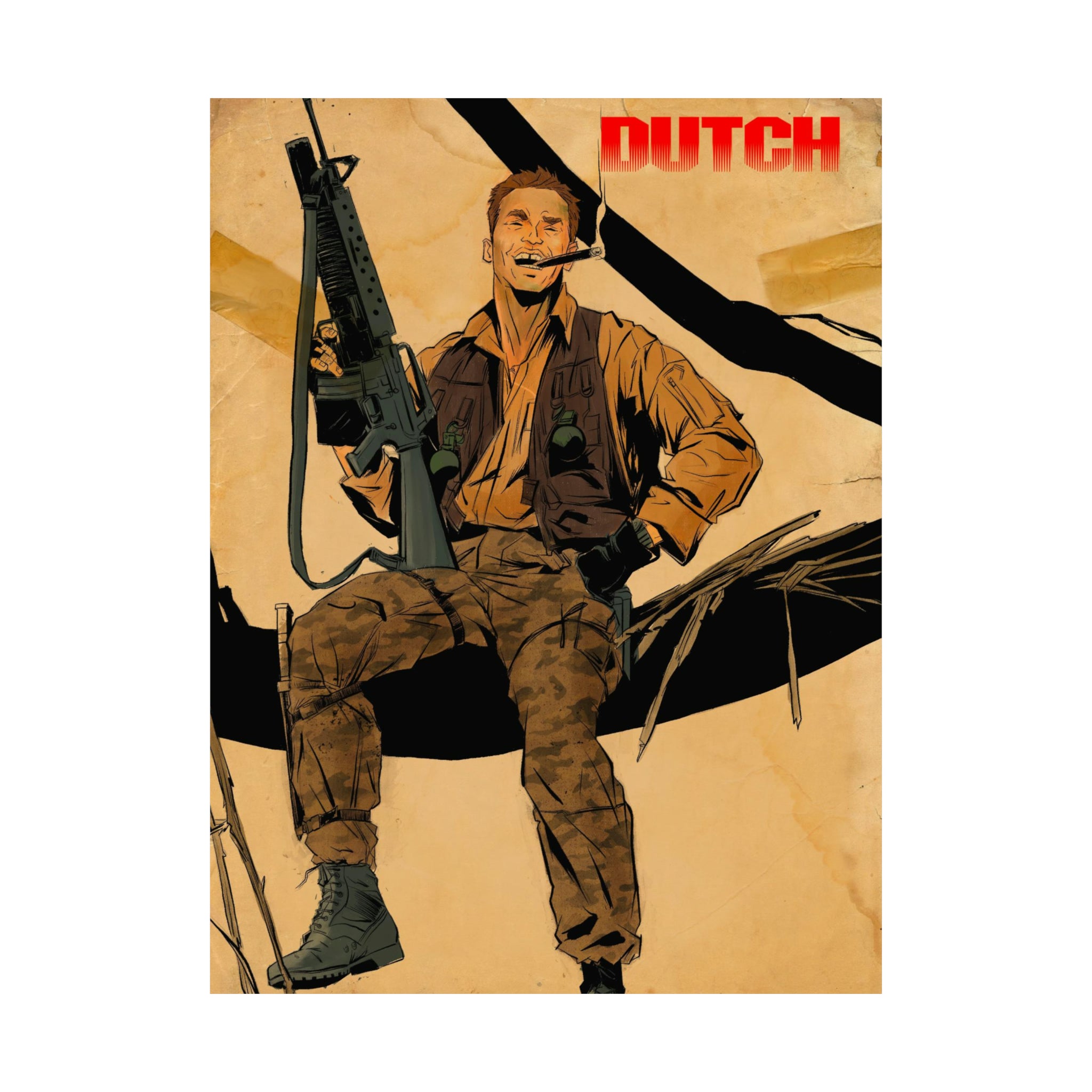 An illustration or poster resembling Arnold Schwarzenegger that’s evocative of his role in the movie Predator.
