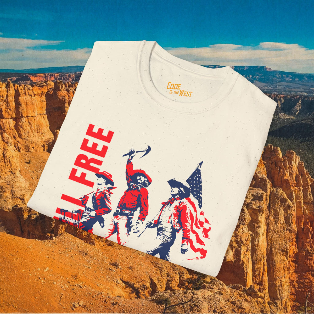 Folded natural Spirit of ’76 shirt showing the cowboy artwork