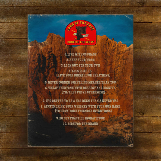 The Code of the West poster with numbered principles over a canyon landscape