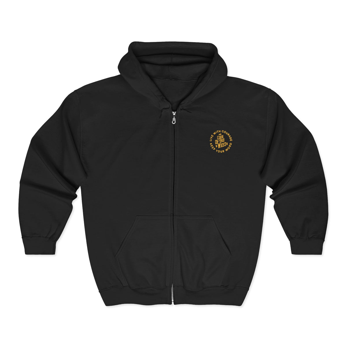 Front of the black Code of the West full-zip hoodie with a small circular chest logo