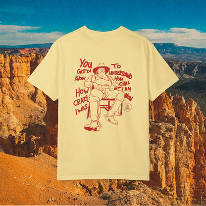 Yellow Crazy T-shirt with red cowboy drawing and You Oughta Know How Crazy I Was lettering