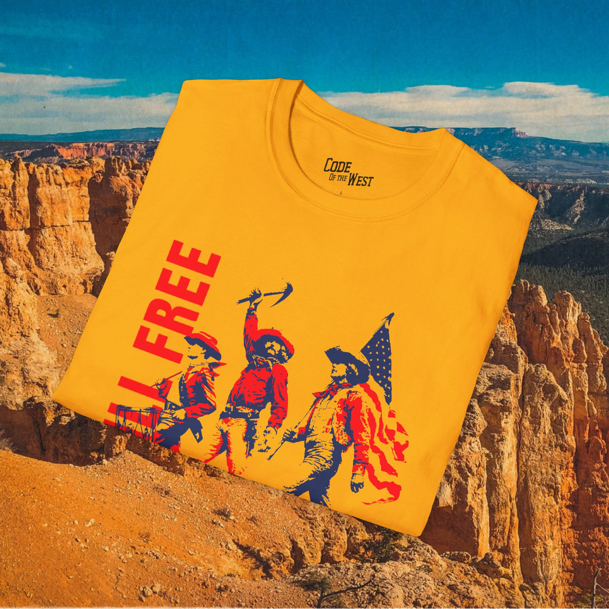 Folded gold Spirit of ’76 shirt showing the cowboy artwork