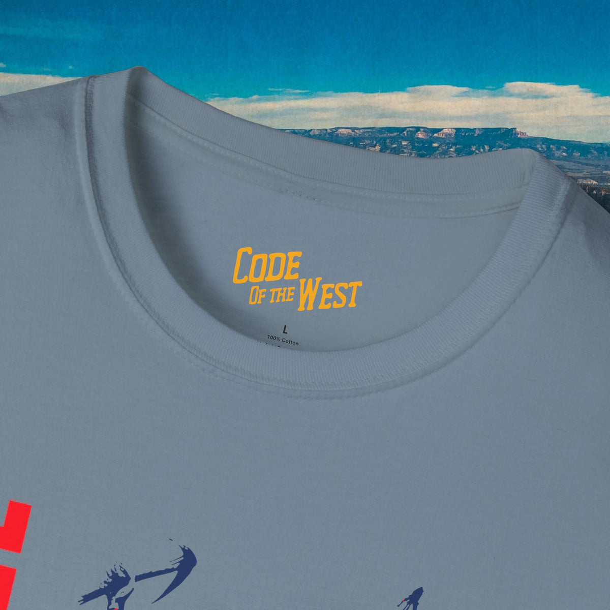 Stone blue Spirit of ’76 shirt neckline and gold COTW neck print