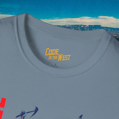 Stone blue Spirit of ’76 shirt neckline and gold COTW neck print