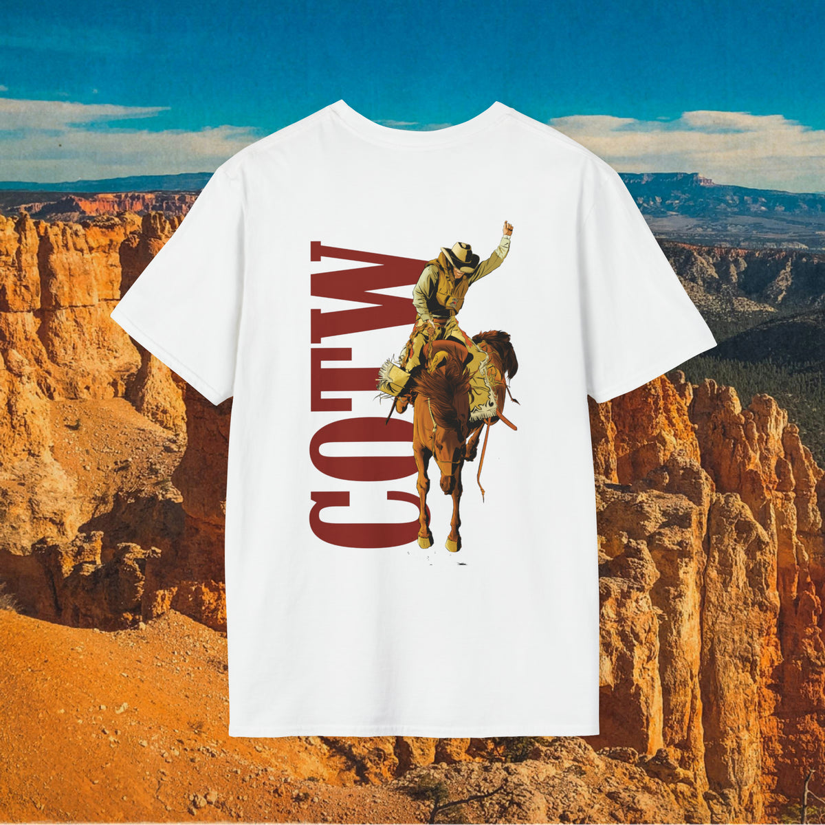 White Let Him Buck T-shirt with bucking horse and rider artwork beside red COTW lettering