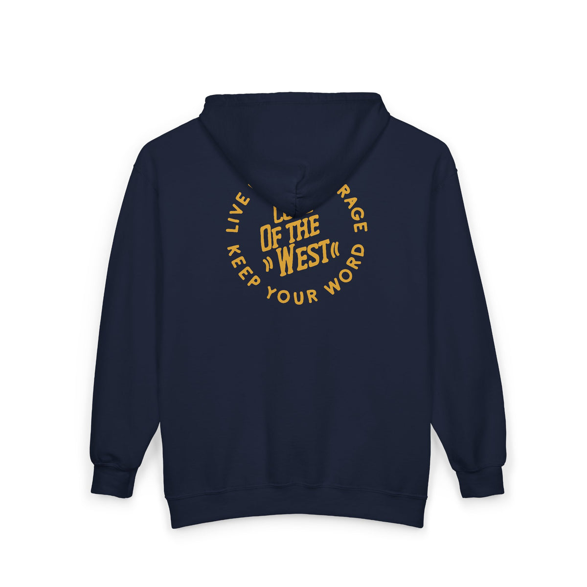 Back of the navy Code of the West full-zip hoodie with the hood resting over the circular logo