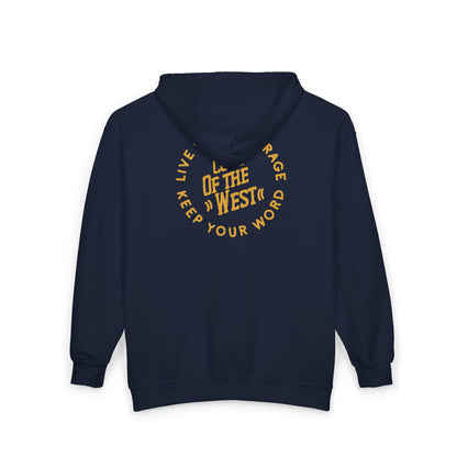 Back of the navy Code of the West full-zip hoodie with the hood resting over the circular logo