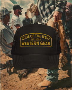 Code of The West Western Gear Hat – black trucker hat with keystone badge logo