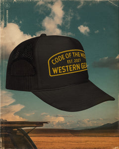 Side view of Code of The West Western Gear Hat – embroidered logo, black trucker hat