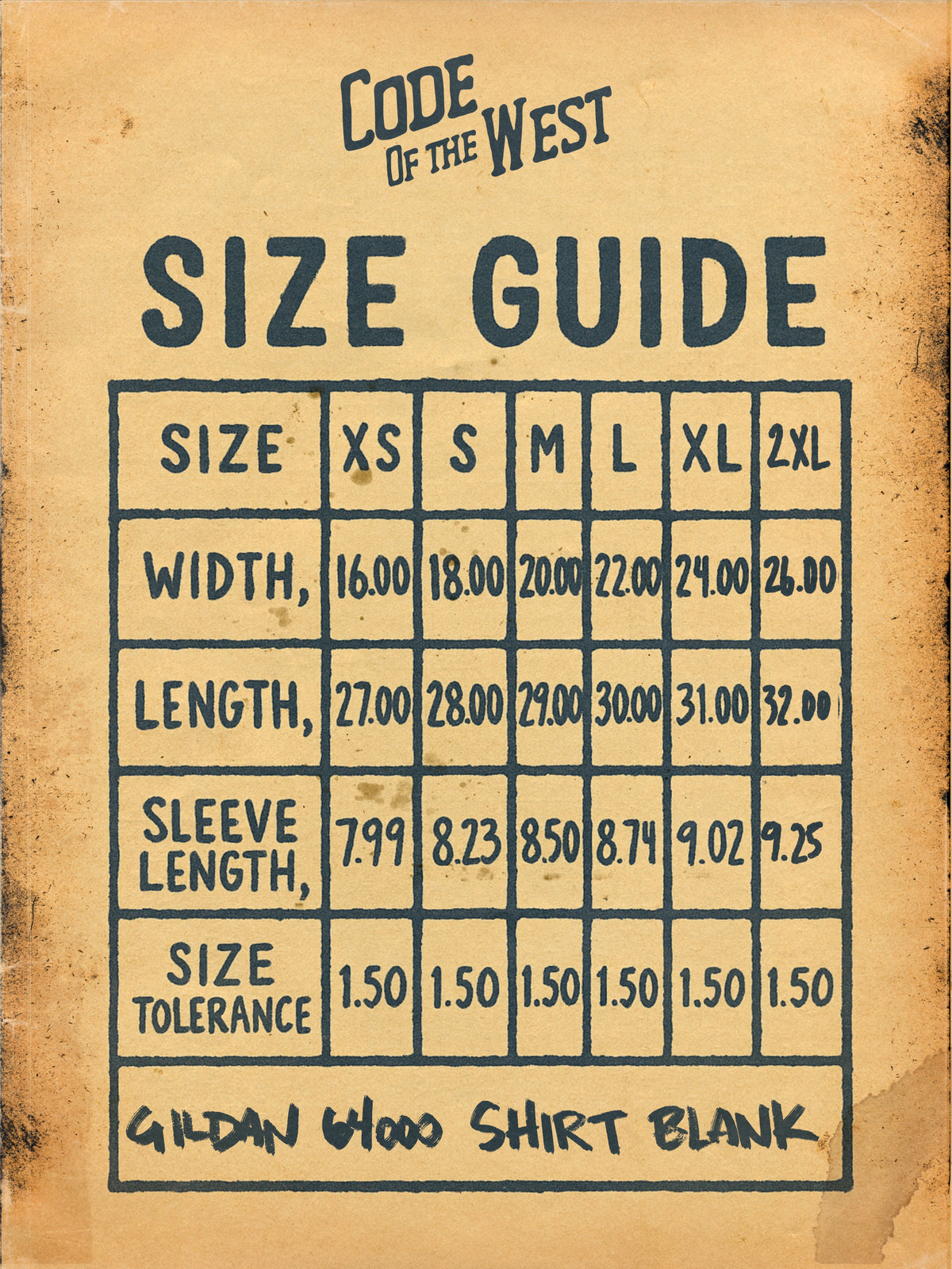 Spirit of ’76 Gildan 64000 size chart with shirt width, length, and sleeve measurements